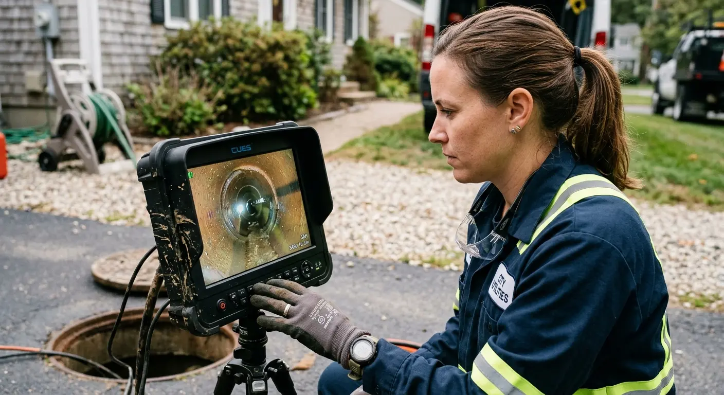 Technician reviewing sewer camera inspection footage in Pulaski