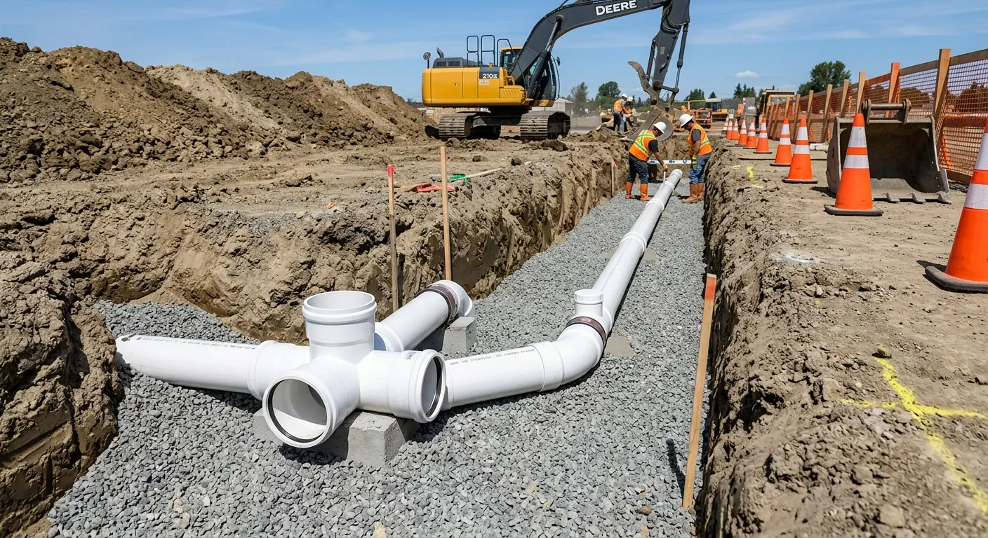 New PVC sewer pipe installation in open trench for Commercial Drain Cleaning in Pulaski
