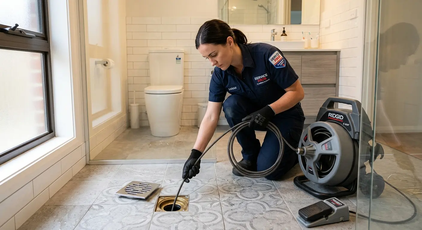 Technician clearing a bathroom floor drain for Clogged Drain Repair in Pulaski